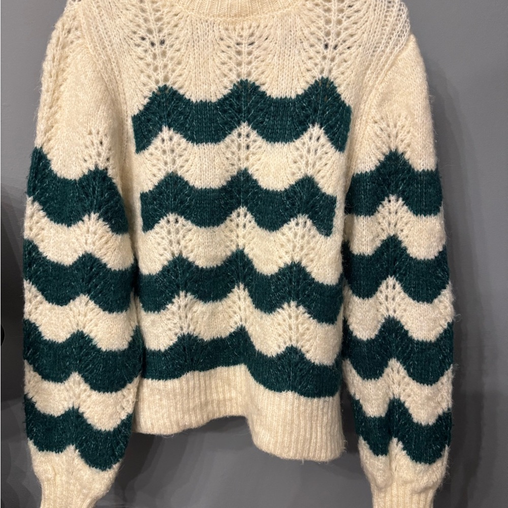 Mango Chevron Knit Sweater in Cream and Green